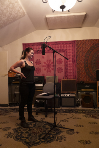 Mindy recording vocals...